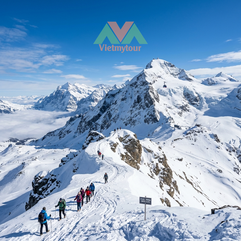 Khám phá đỉnh núi tuyết Titlis Thụy Sĩ huyền ảo mùa xuân Tết Bính Ngọ 2027 Ảnh minh họa từ AI