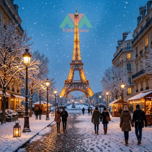 Tour du lịch Châu Âu Tết 2027 trải nghiệm khung cảnh tuyết trắng tại Tháp Eiffel Paris Ảnh minh họa từ AI