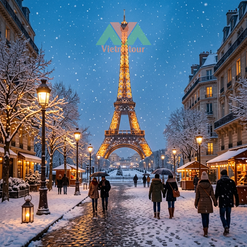 Tour du lịch Châu Âu Tết 2027 trải nghiệm khung cảnh tuyết trắng tại Tháp Eiffel Paris Ảnh minh họa từ AI