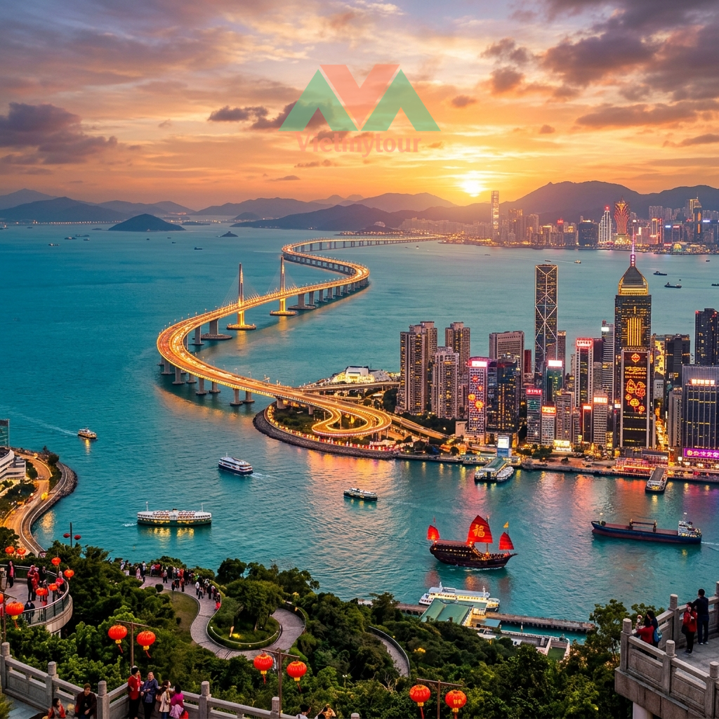 Khám phá Vùng Đại Vịnh Bắc Tết 2027 Hồng Kông Thâm Quyến Chu Hải Quảng Châu Ảnh minh họa từ AI